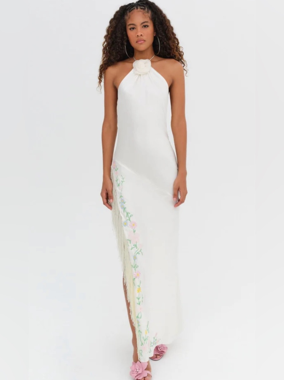 For Love & Lemons Tina Silk Embroidered Halter Maxi Dress Size XS NWT